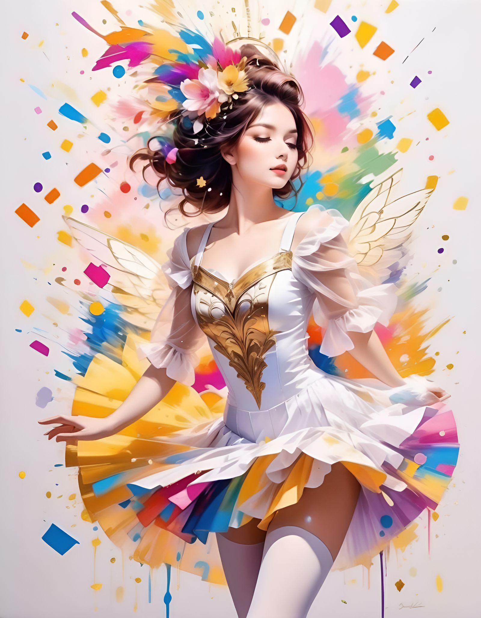 Steampunk Angel Dancing in Confetti, Painterly Style