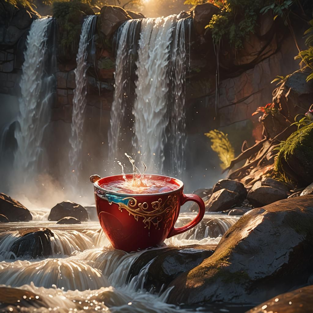 Fantasy Waterfall in Red Cup: Photorealistic Still Life