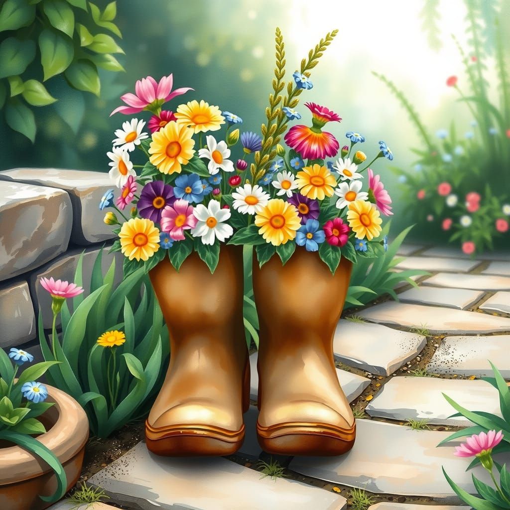 Whimsical Watercolour Garden Scene with Worn Wellies and Blo...