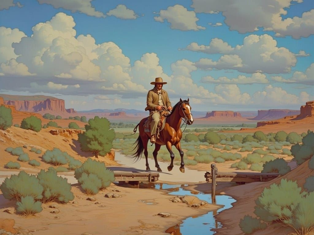 Cowboy Rides Through Desert in Art Nouveau Style