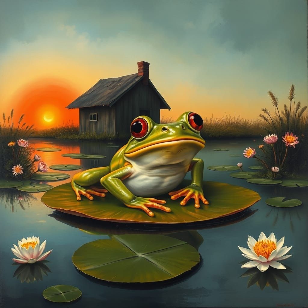 Surreal Frog on Lily Pad at Sunrise, Collage Style