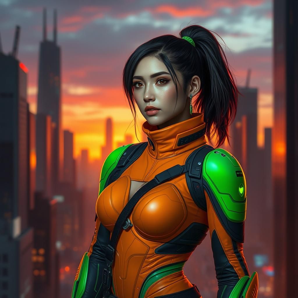 Futuristic Urban Fashion: Orange and Green Sci-Fi Outfit