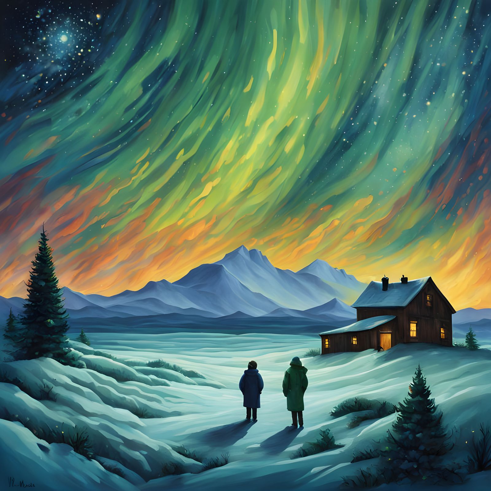 Aurora Borealis Illuminates Winter Wonderland in Vibrant Hue...