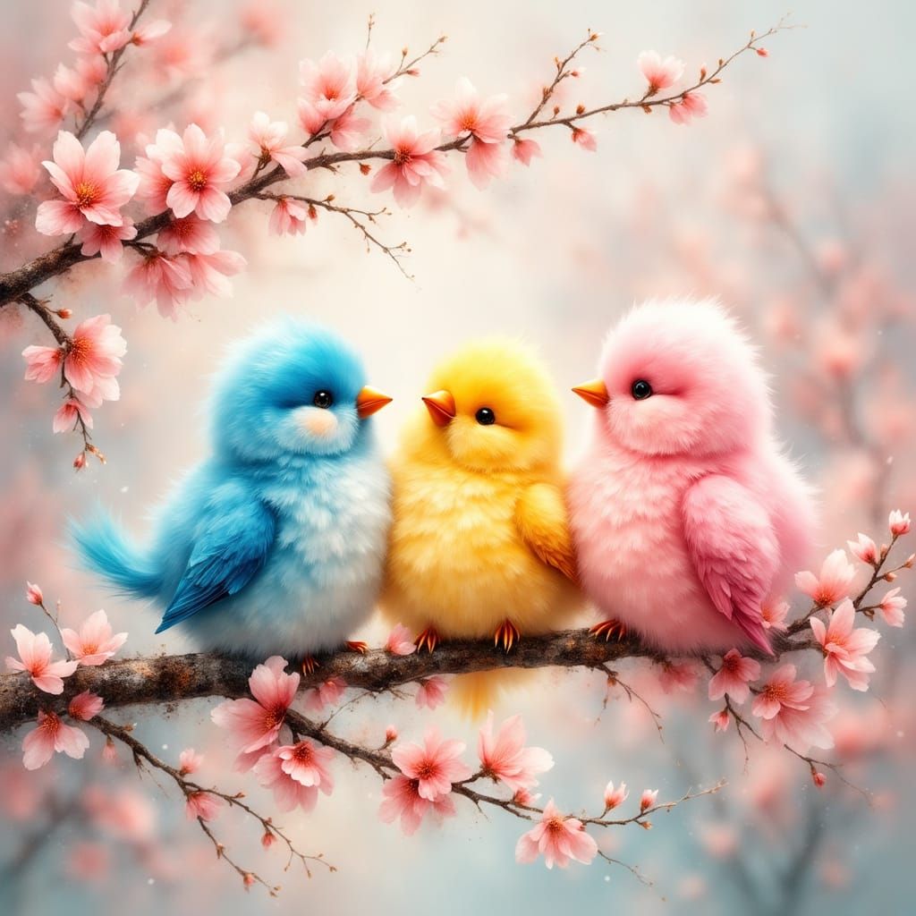 Fluffy Bird Trio on Cherry Blossom Branch