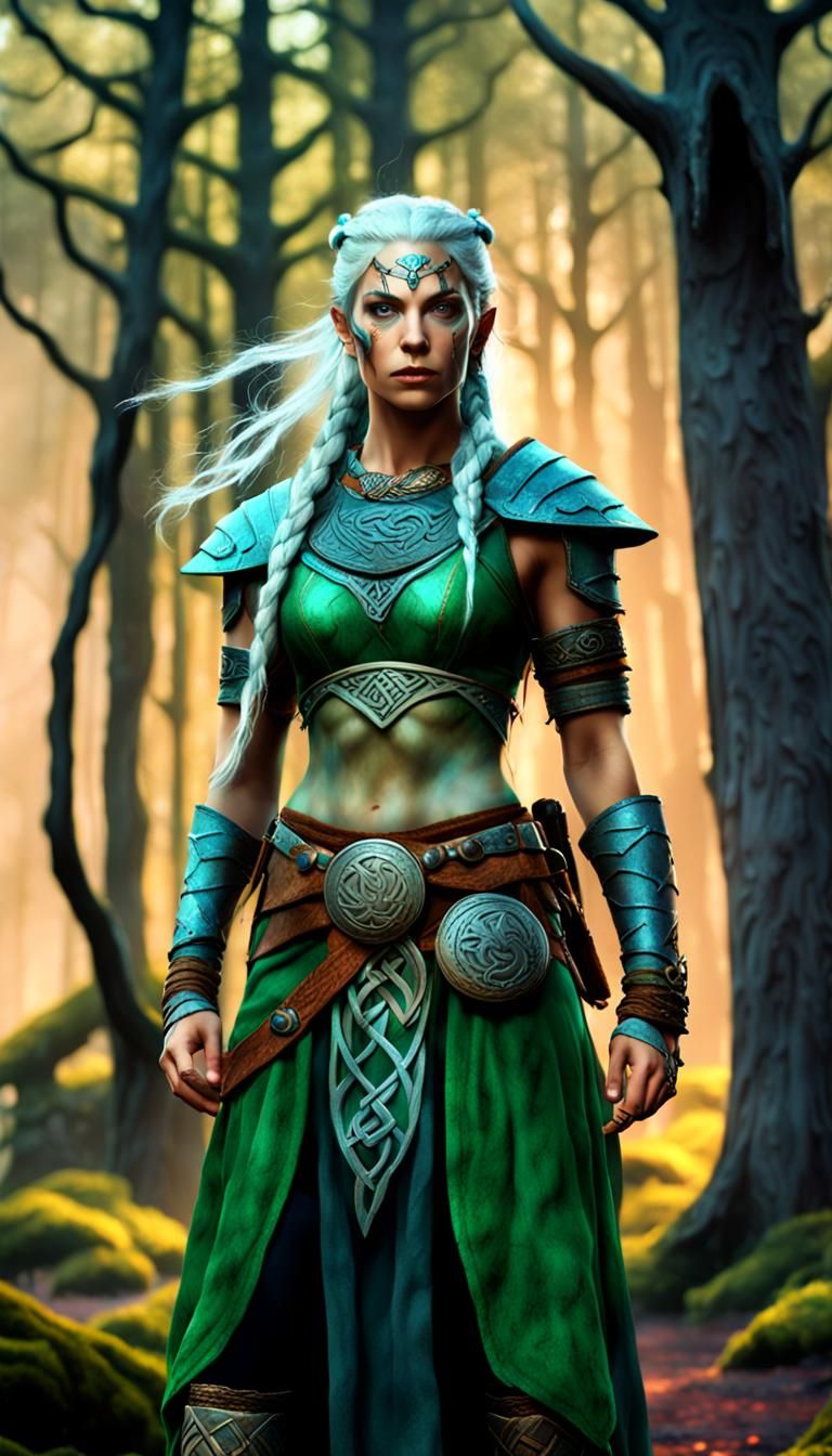 Green-Skinned Viking Warrior in Mystical Forest