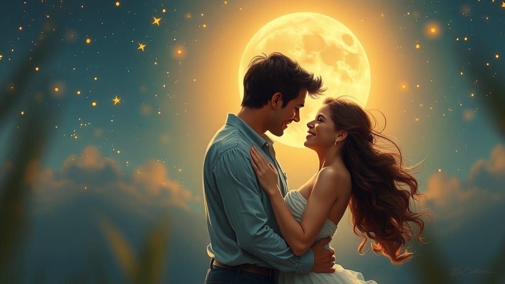 Romantic Couple Embracing Under Starry Sky