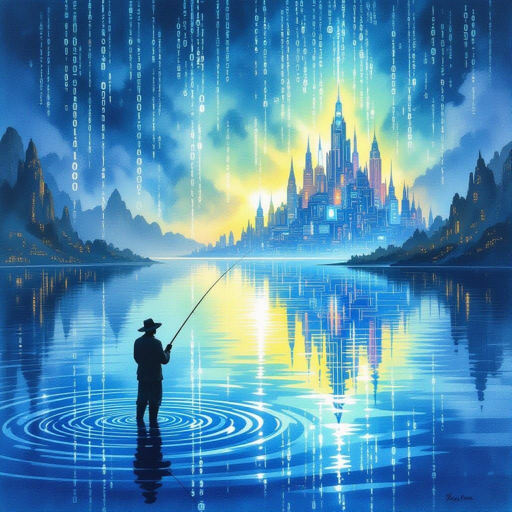 Fisherman on Binary Code Lake Near Digital City