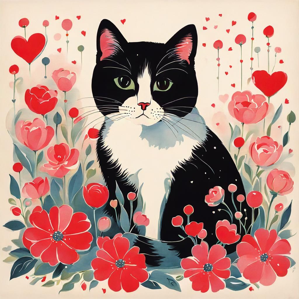 Cute Cat Surrounded by Flowers in Lanvin Style