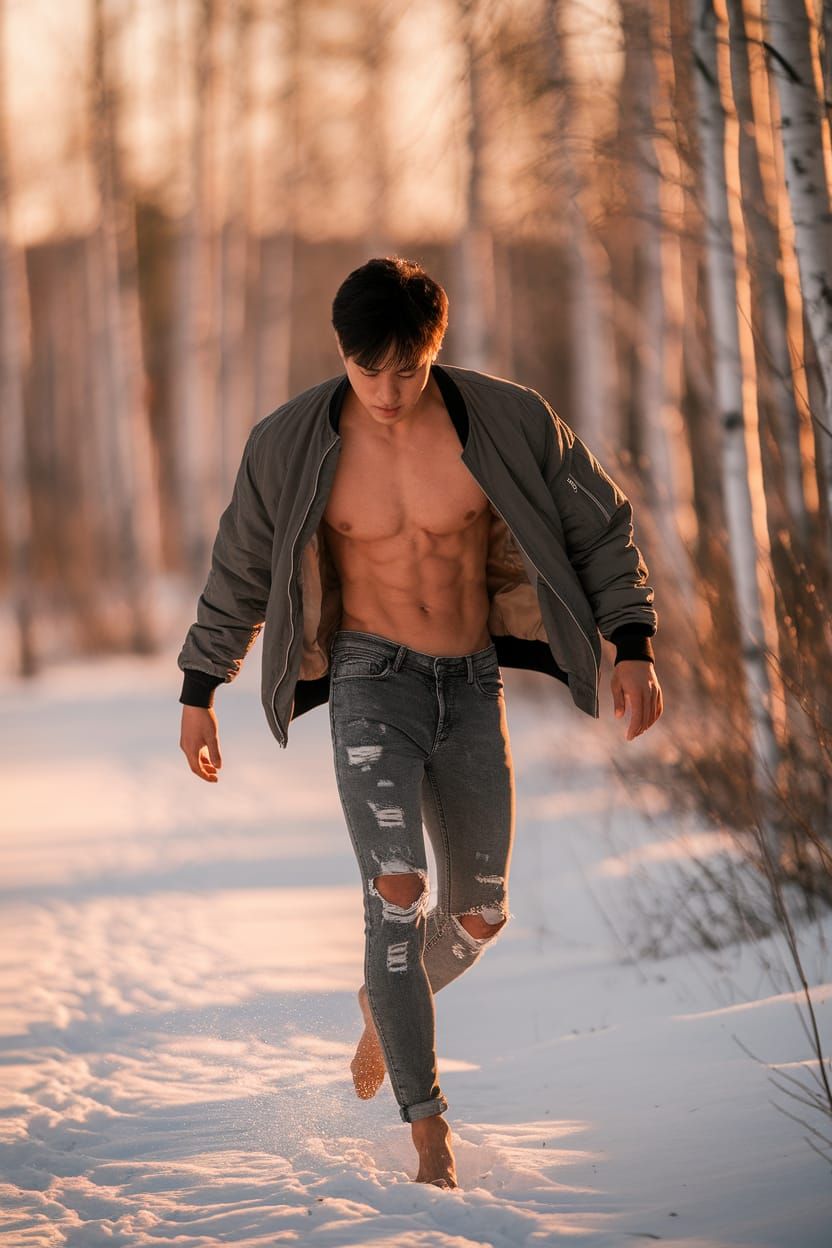 Barefoot Man in Snow by Warm Light