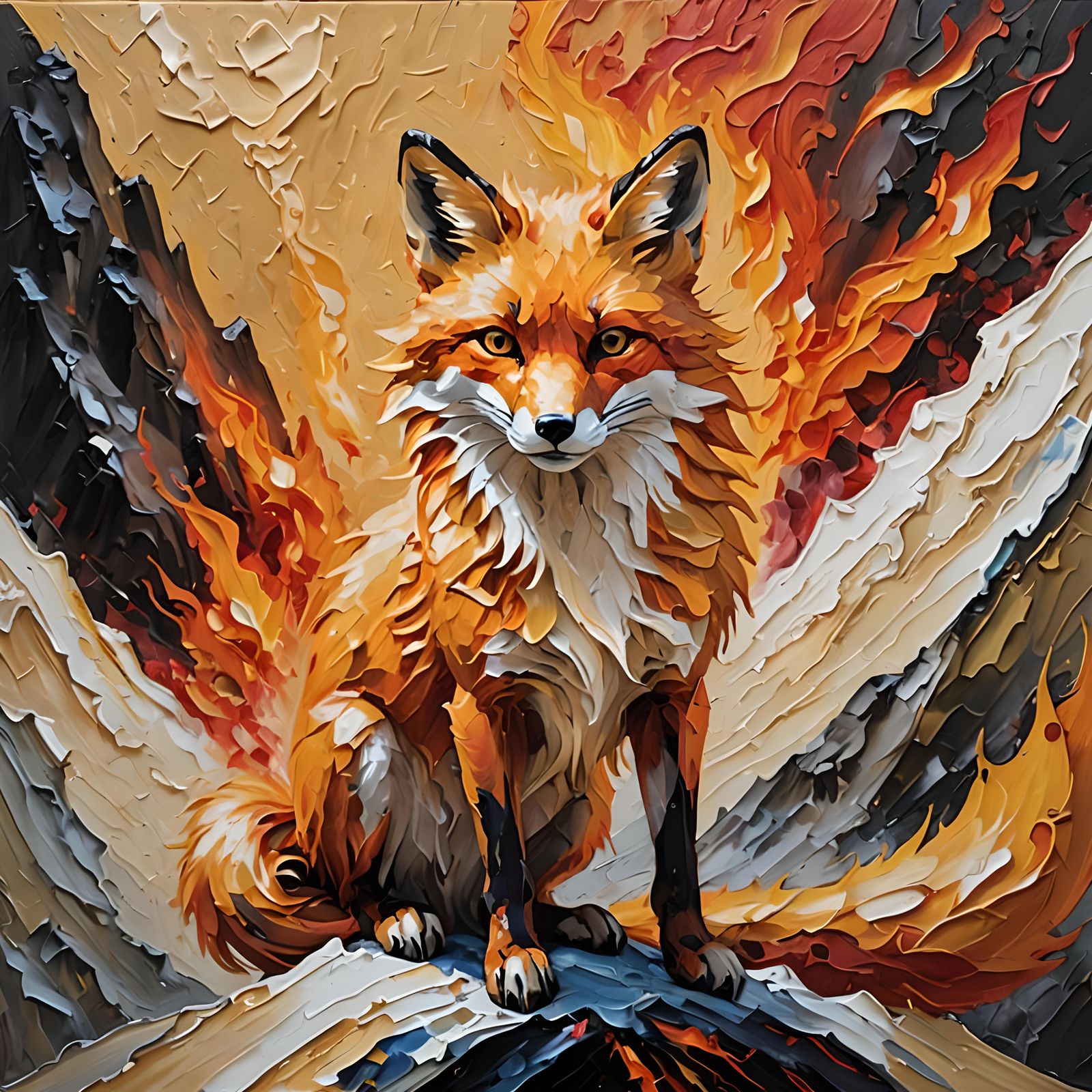 Ethereal Flaming Fox Volcano Impasto Oil Painting
