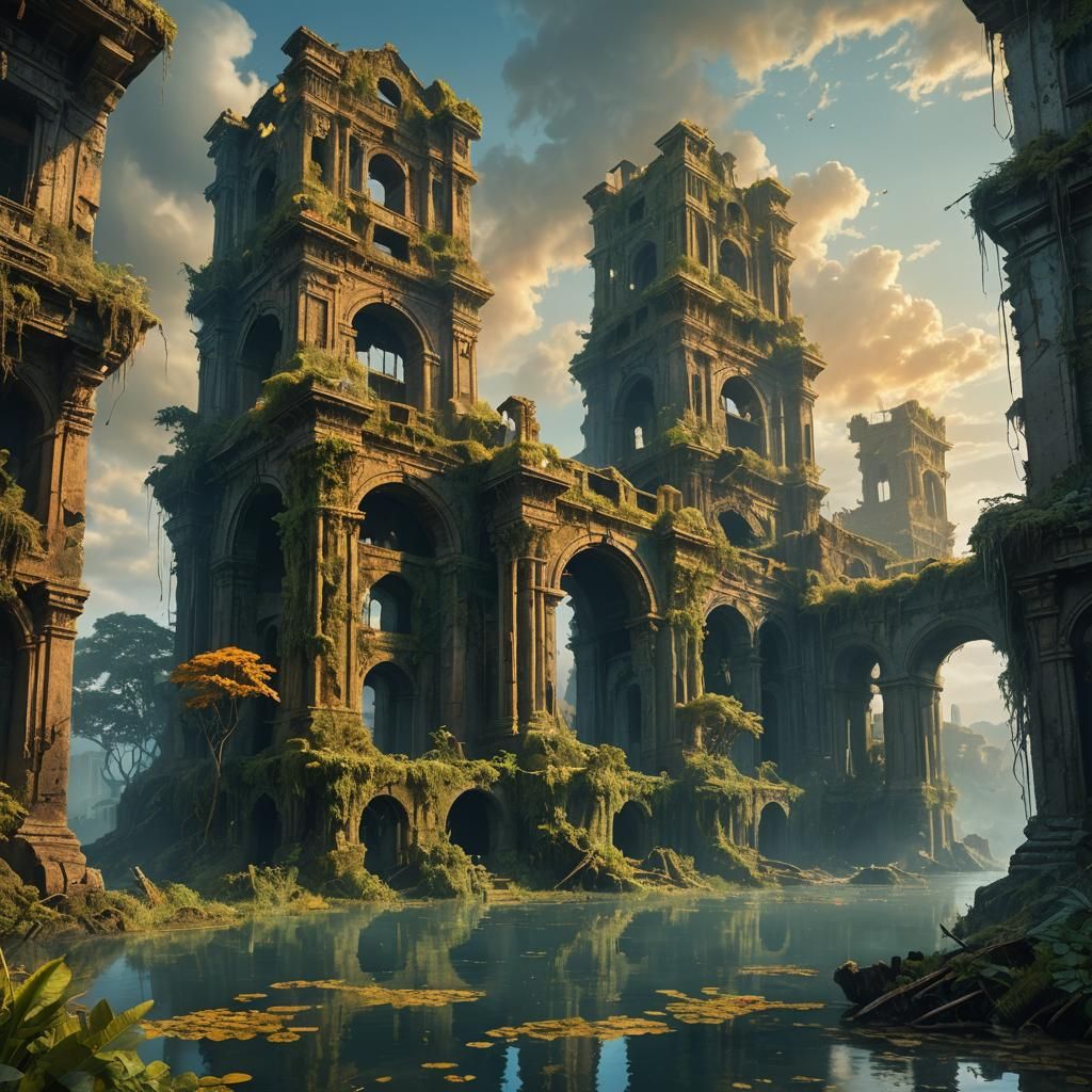 Fantastical Cityscape in Ruins, Caught in a Golden Mist
