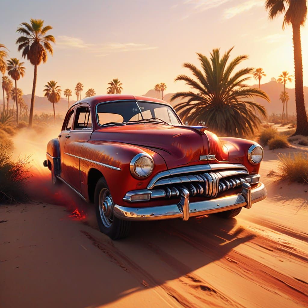 Vintage Car on Fire-Red Desert Road