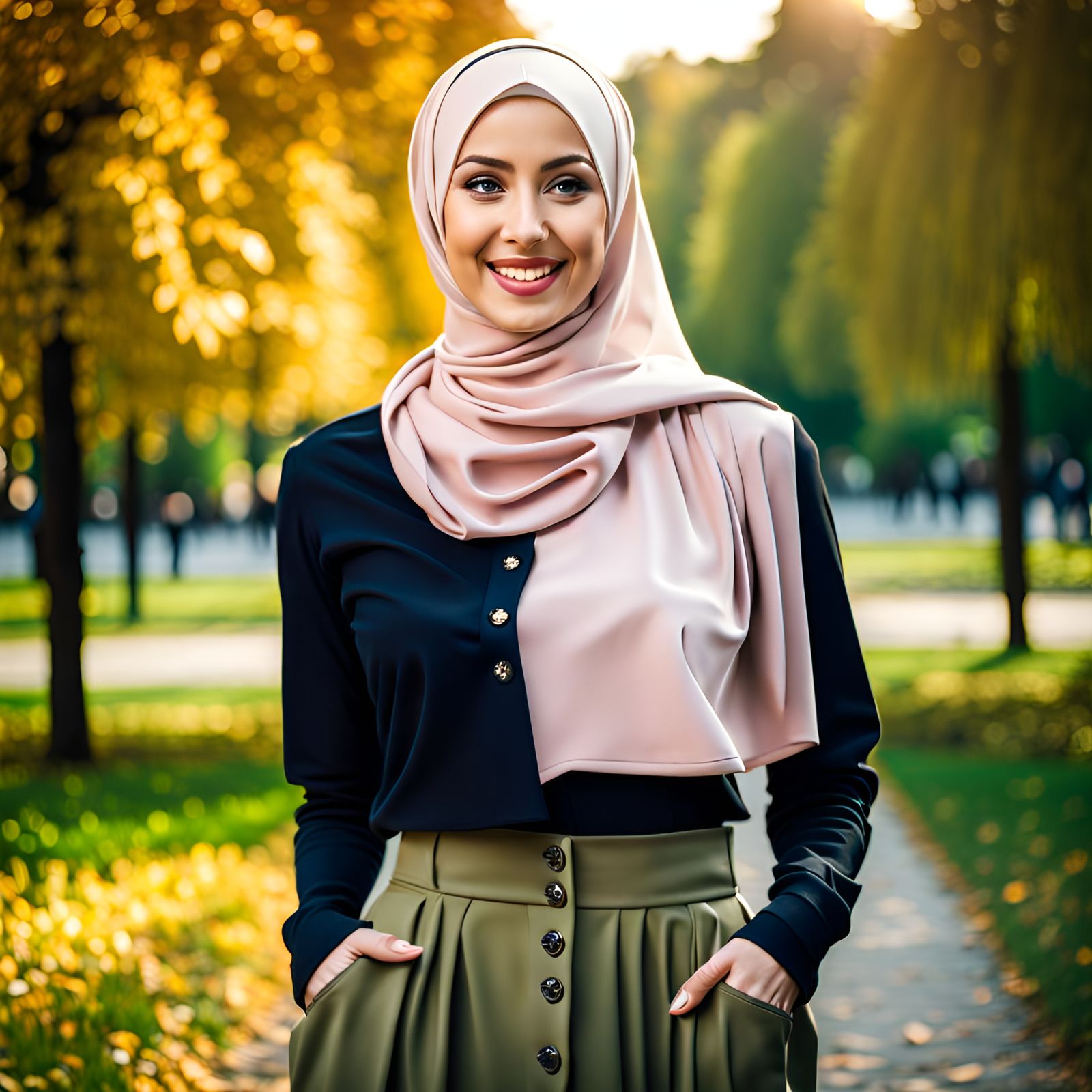 Elegant Hijabi Woman in City Park: Realistic Portrait