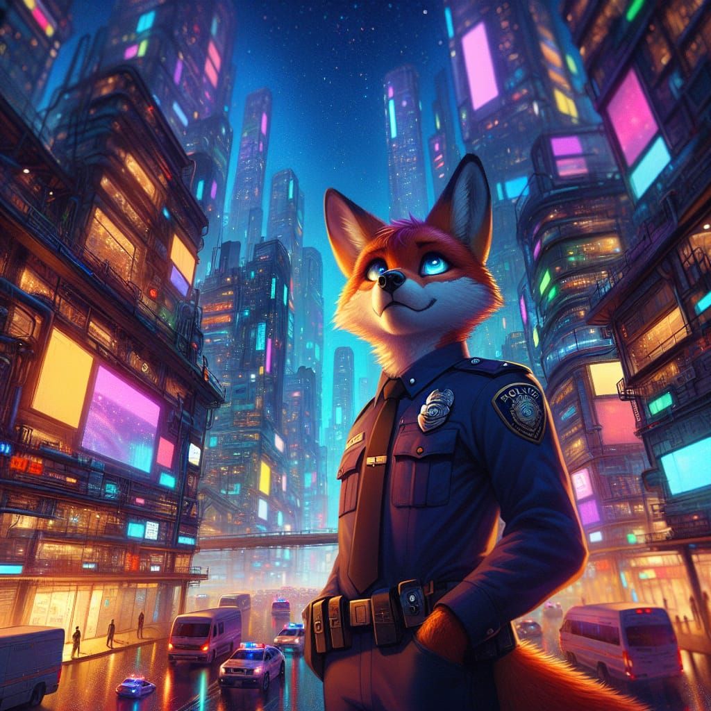 Neon City Fox Officer on Patrol