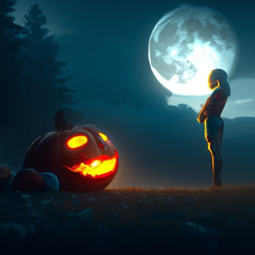 Girl Buries Pumpkin Under Evil Moon: Hyperrealistic Art