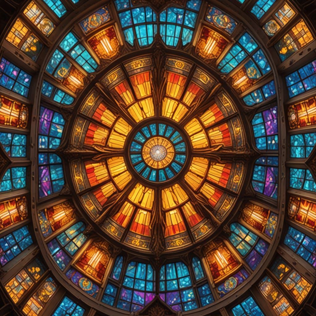 Kaleidoscopic Stained Glass Ceiling in Golden Light