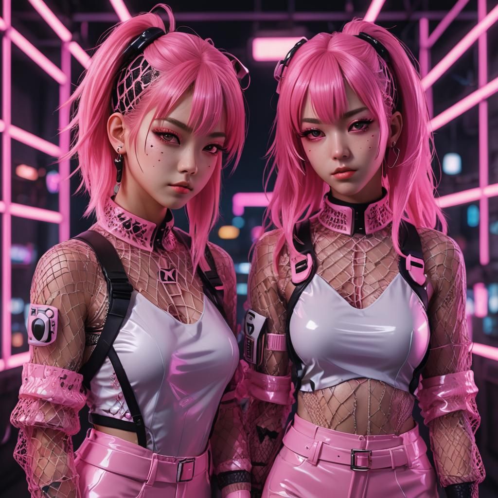 Neon Cybergoth Twins in Anime Style 3D Art