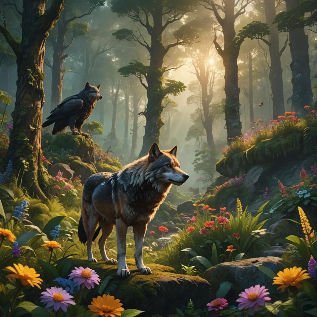 Lush Forest Scene with Animals in Fantasy Style