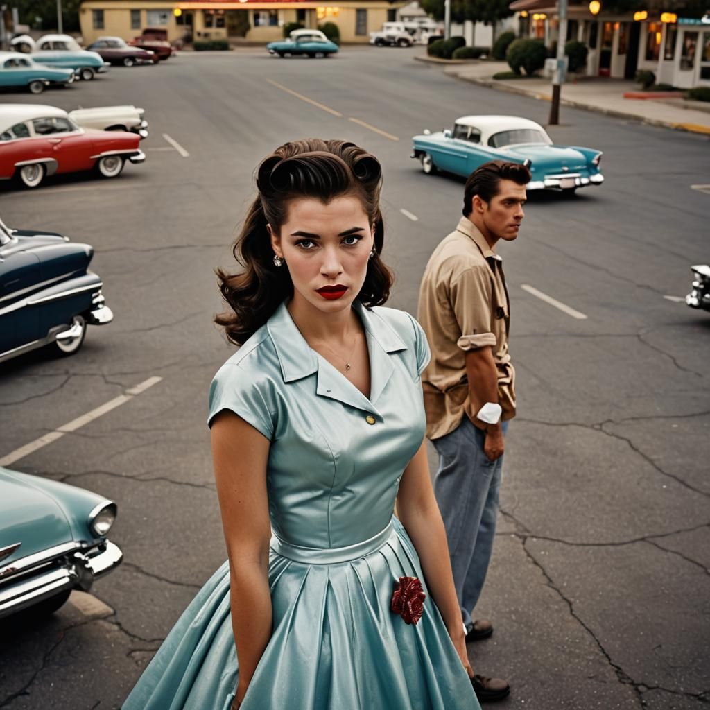 1950s Diner Scene with Greaser, Color Portrait