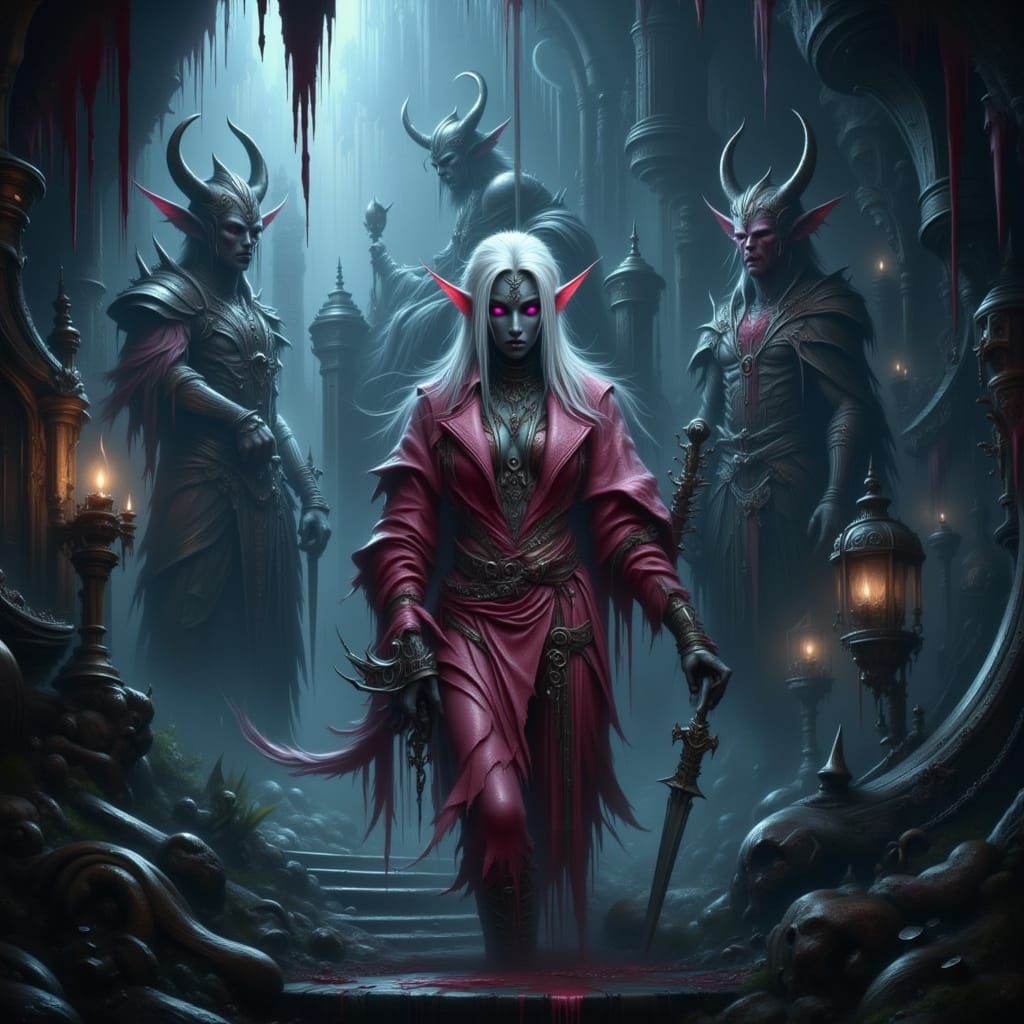 Drow Elf in Forgotten City, Dark Fantasy Art