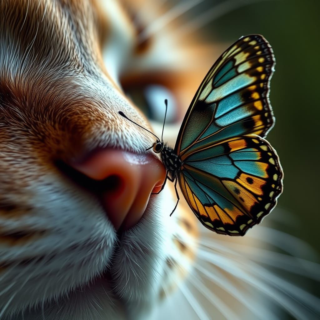 Cinematic Macro Shot of a Cat's Nose with a Majestic Butterf...