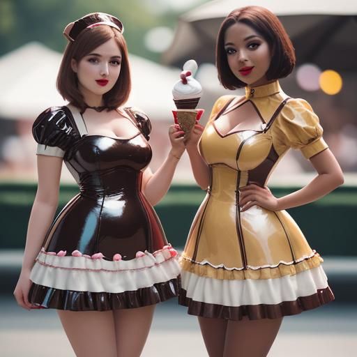 Women in Latex Dresses Sharing Sundae, Professional Photogra...