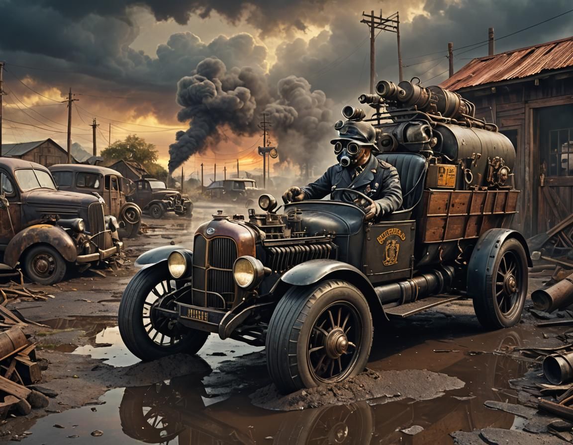 Dieselpunk 1940s Grimdark: Ford Sedan Car with Gas Masks