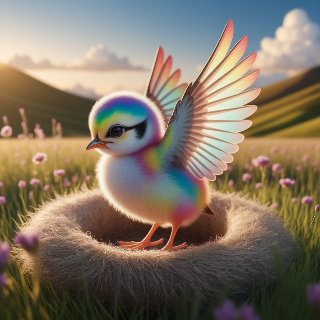 Rainbow Chick's First Flight in Golden Meadow