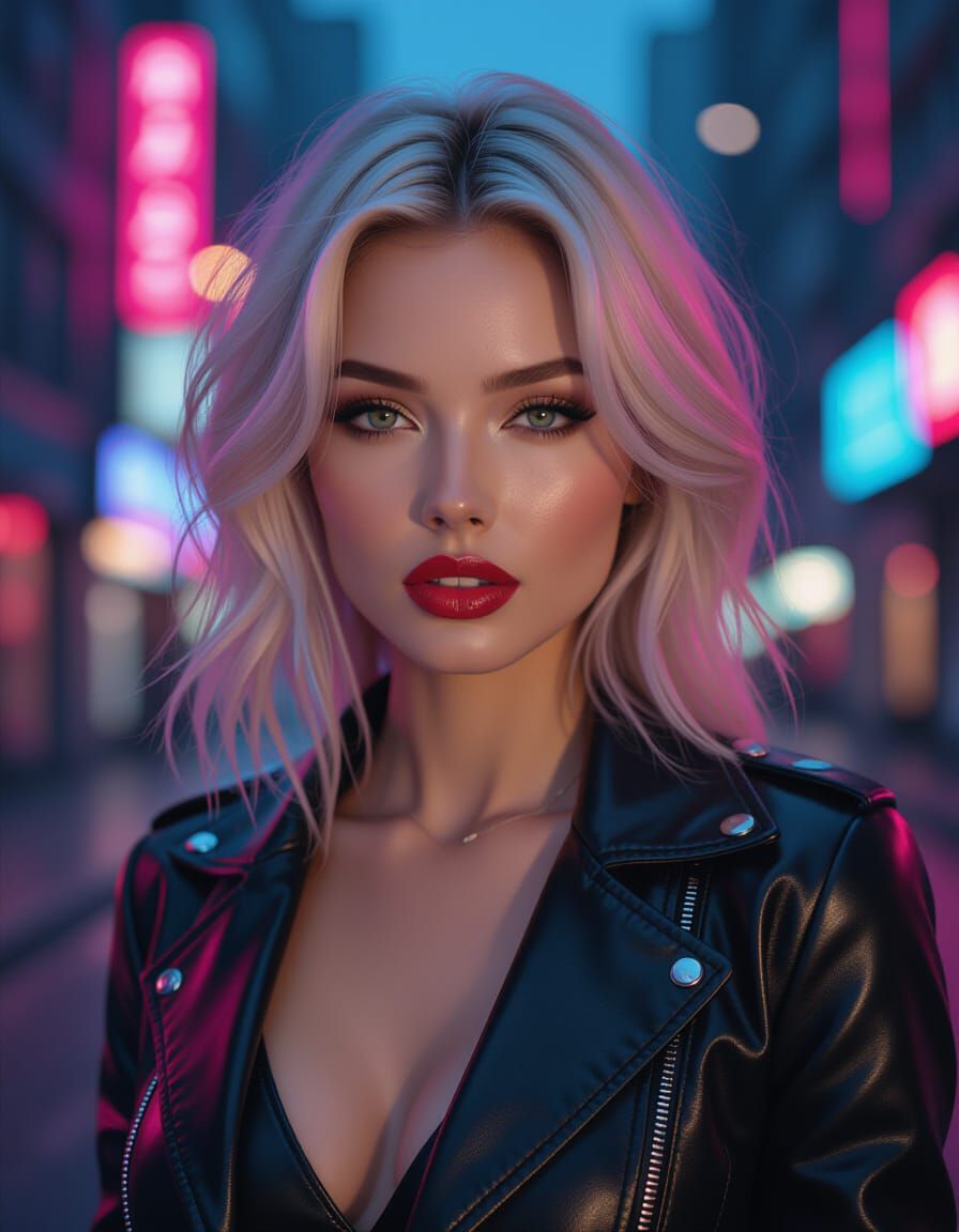 Cyberpunk Woman in Black Leather: Hyper-Realistic Portrait