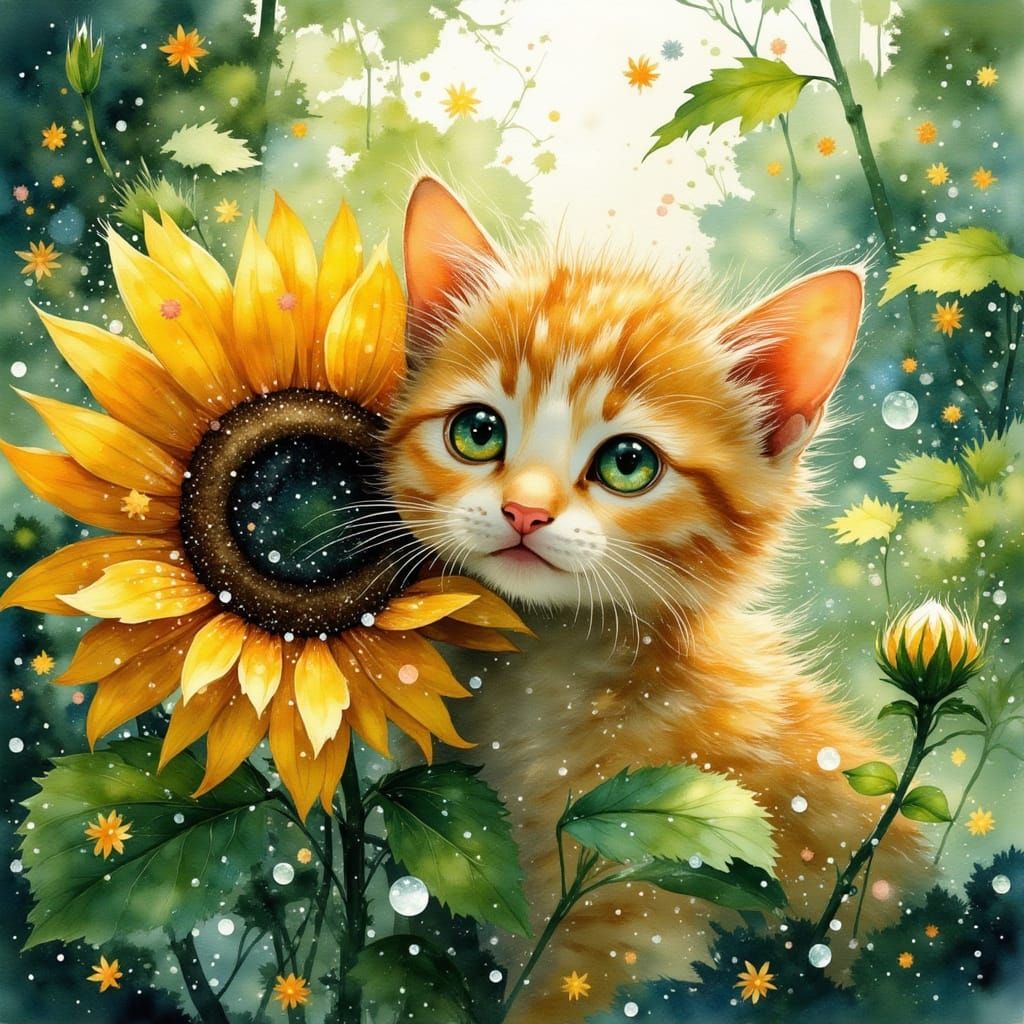 Ginger Kitten Peeks from Sunflower in Whimsical Garden
