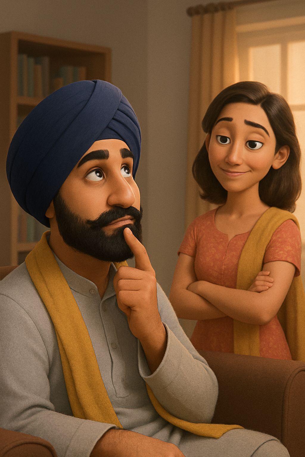 Sardar in Pixar Style Sitting Thoughtfully on Couch