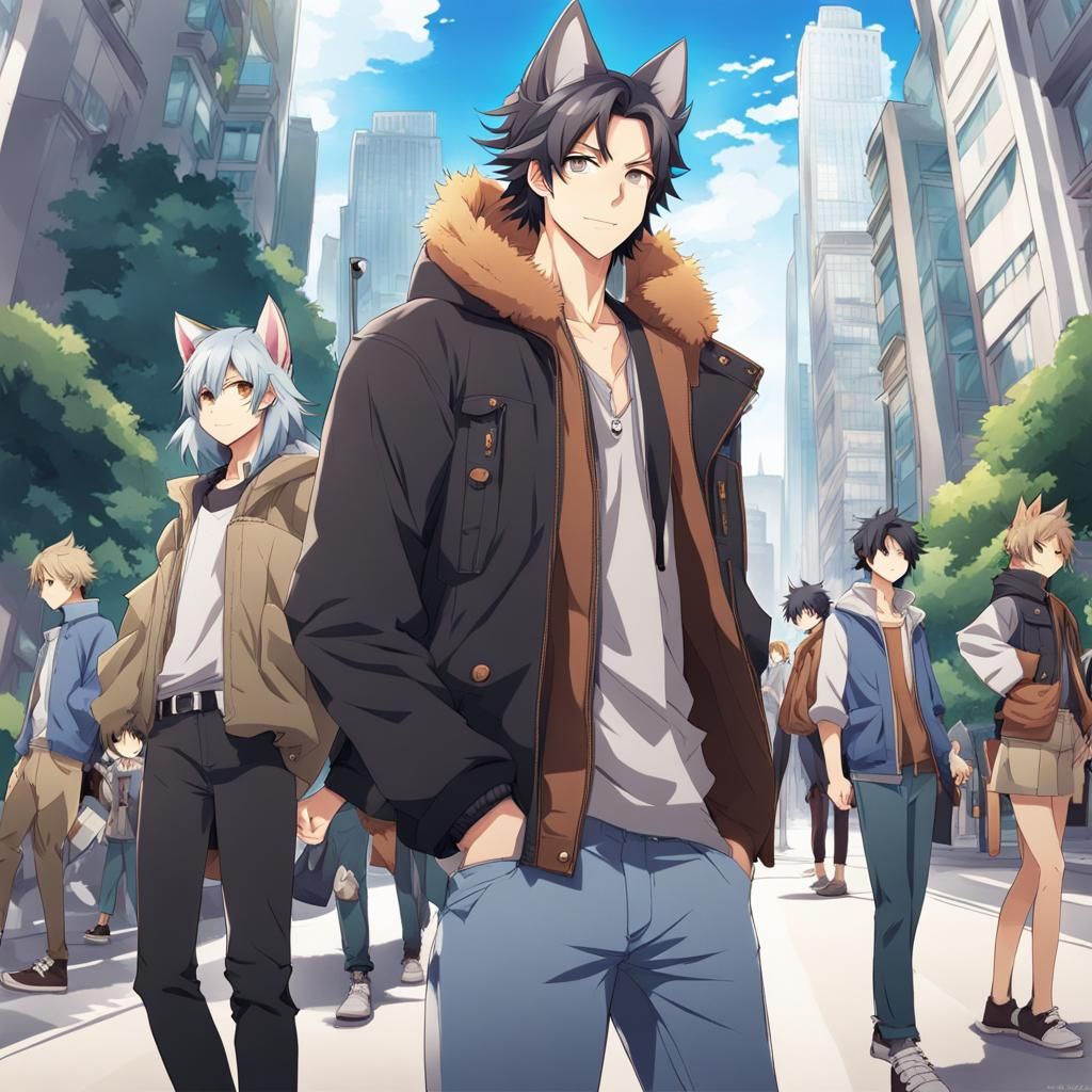 Anime Style Demiwolf in Urban Landscape