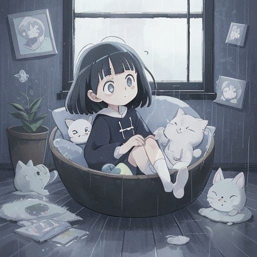 Anime Kitten Watches Rain from Cardboard Box