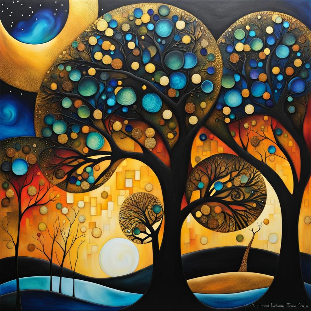 Fantasy Trees Under Stars in Cubist Style