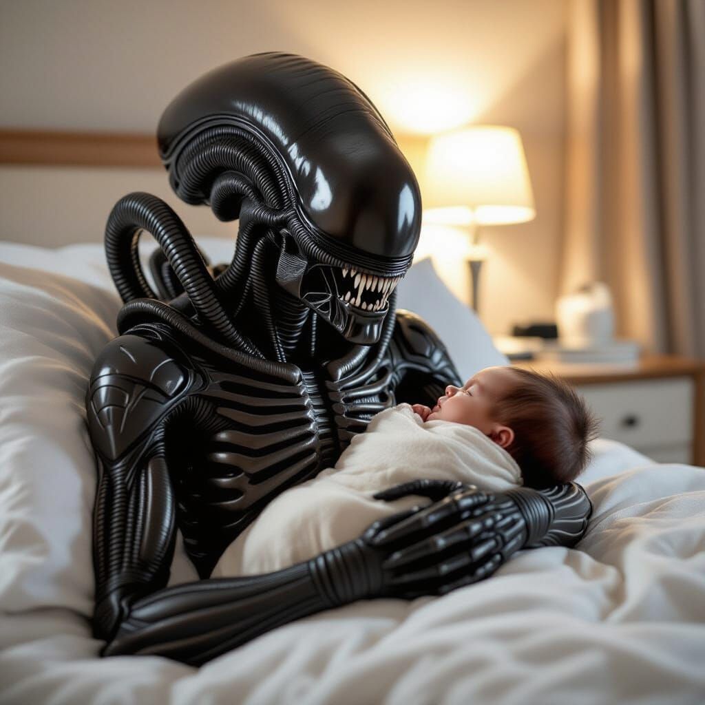 Xenomorph Cradles Newborn Baby in Domestic Scene