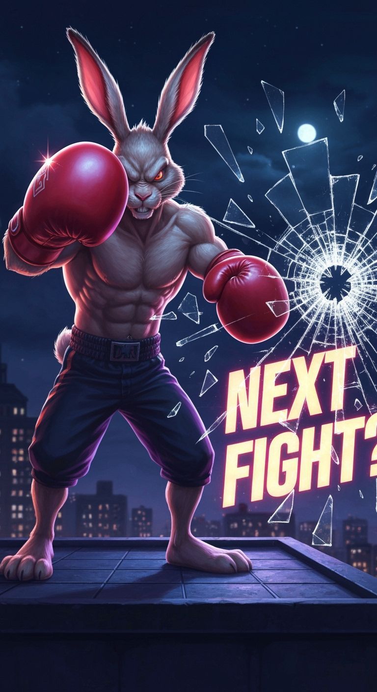 Muscular Rabbit Boxer on Rooftop in Heroic Stance