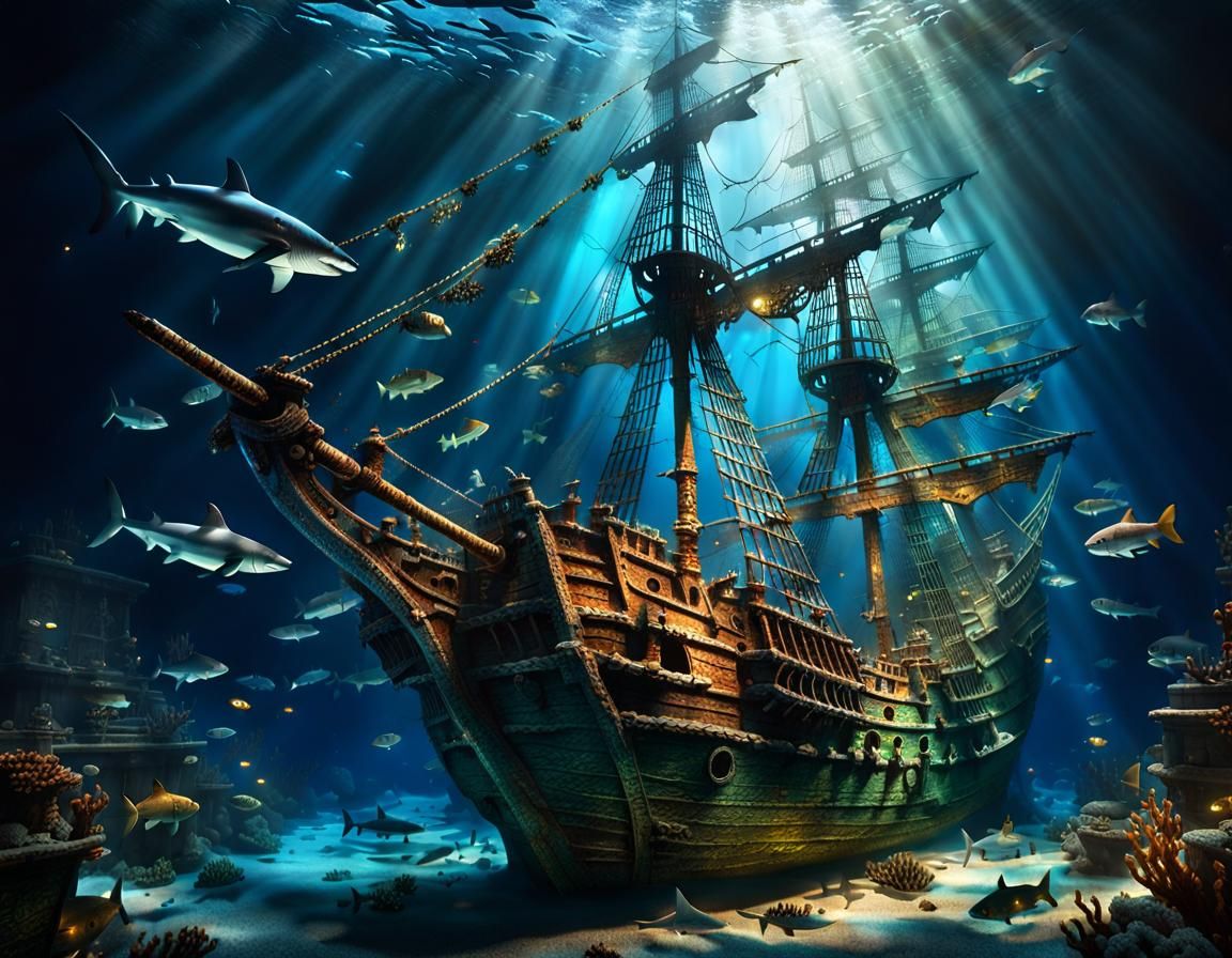 An under water ancient galleon shipwreck precariously hangin...