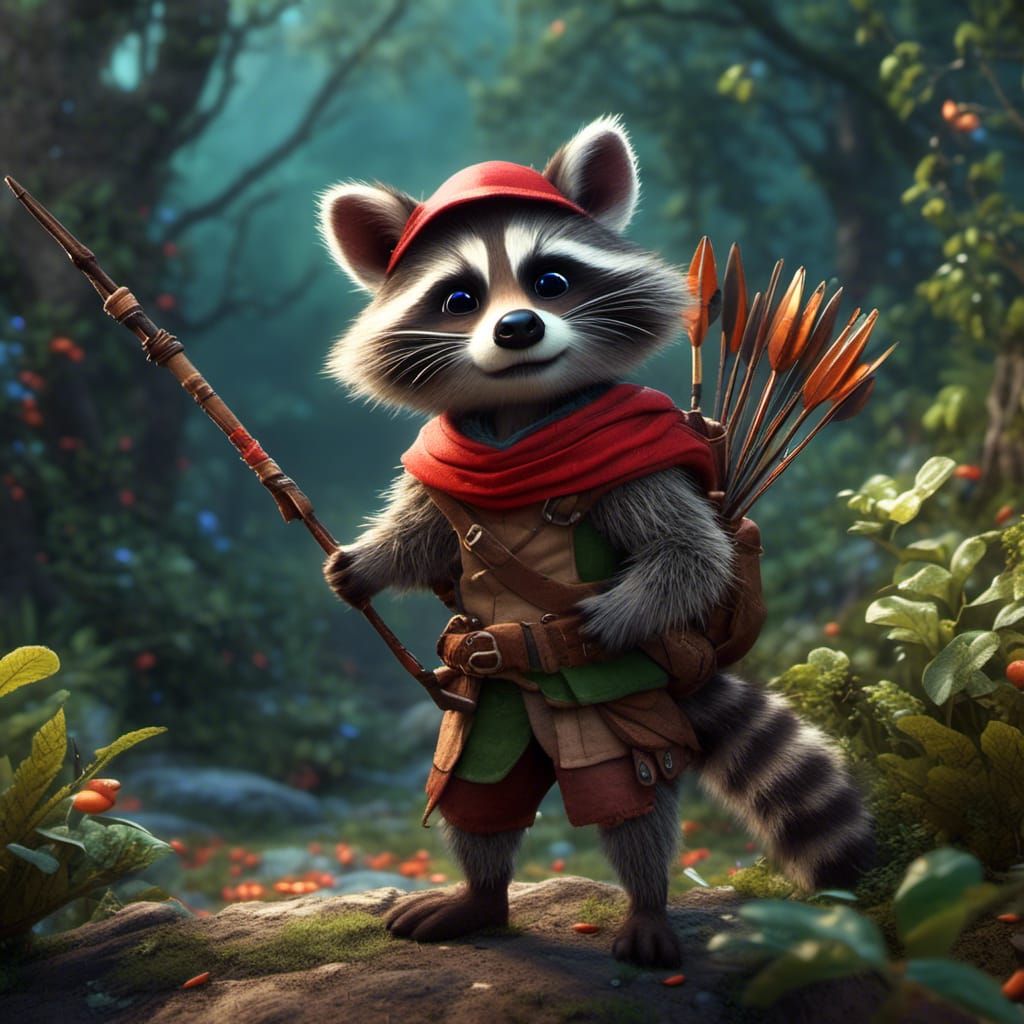 <lora:Cutie:1.0> A cute adorable raccoon standing near bushe...