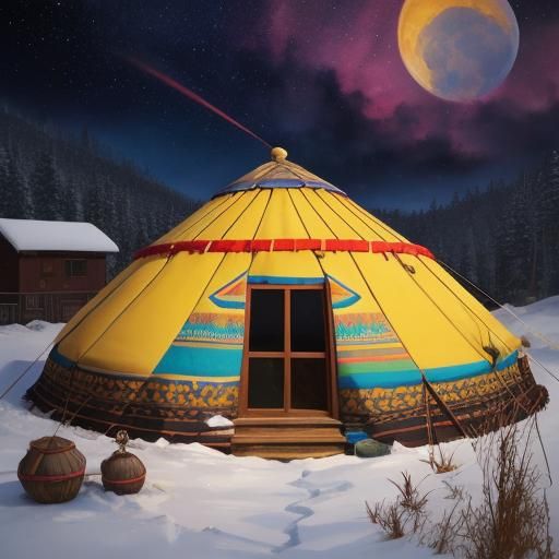 Surreal Yarding Night: Yaks, Yatagan, Yurt in Gouache