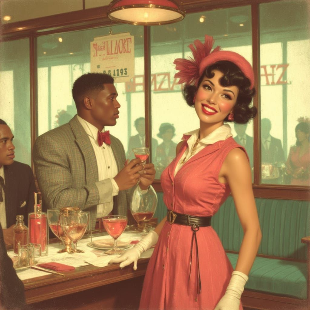 Retro Hotel Lobby with 1950s Woman in Gil Elvgren Style