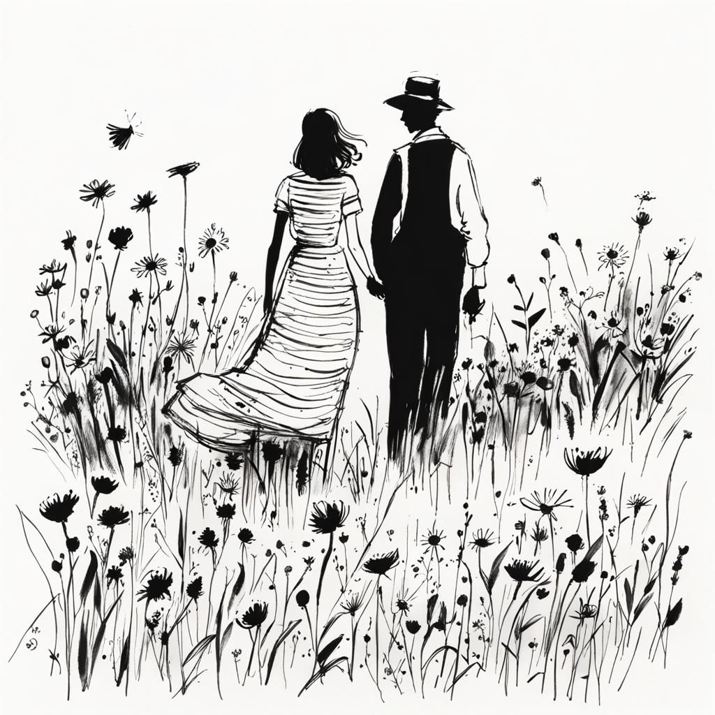 Couple in Flower Meadow, Quentin Blake Sketch Style