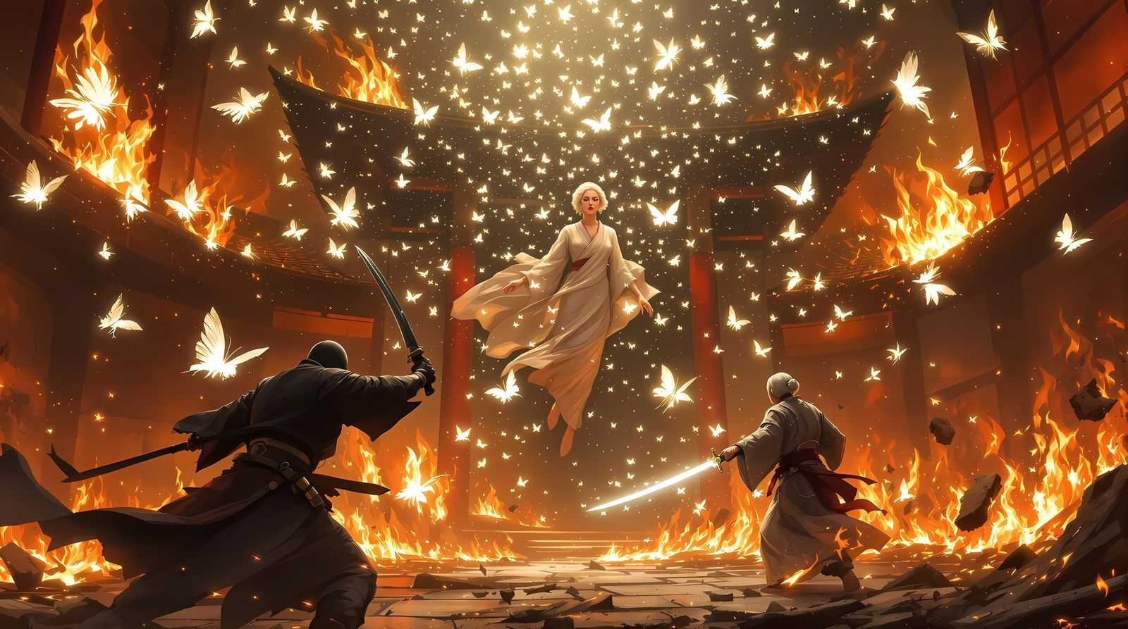 Fantasy Samurai Battles Magical Butterflies in Burning Dojo