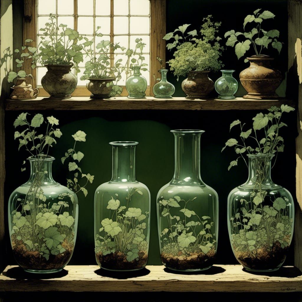 Glass Vases and Plants: Vintage Illustration