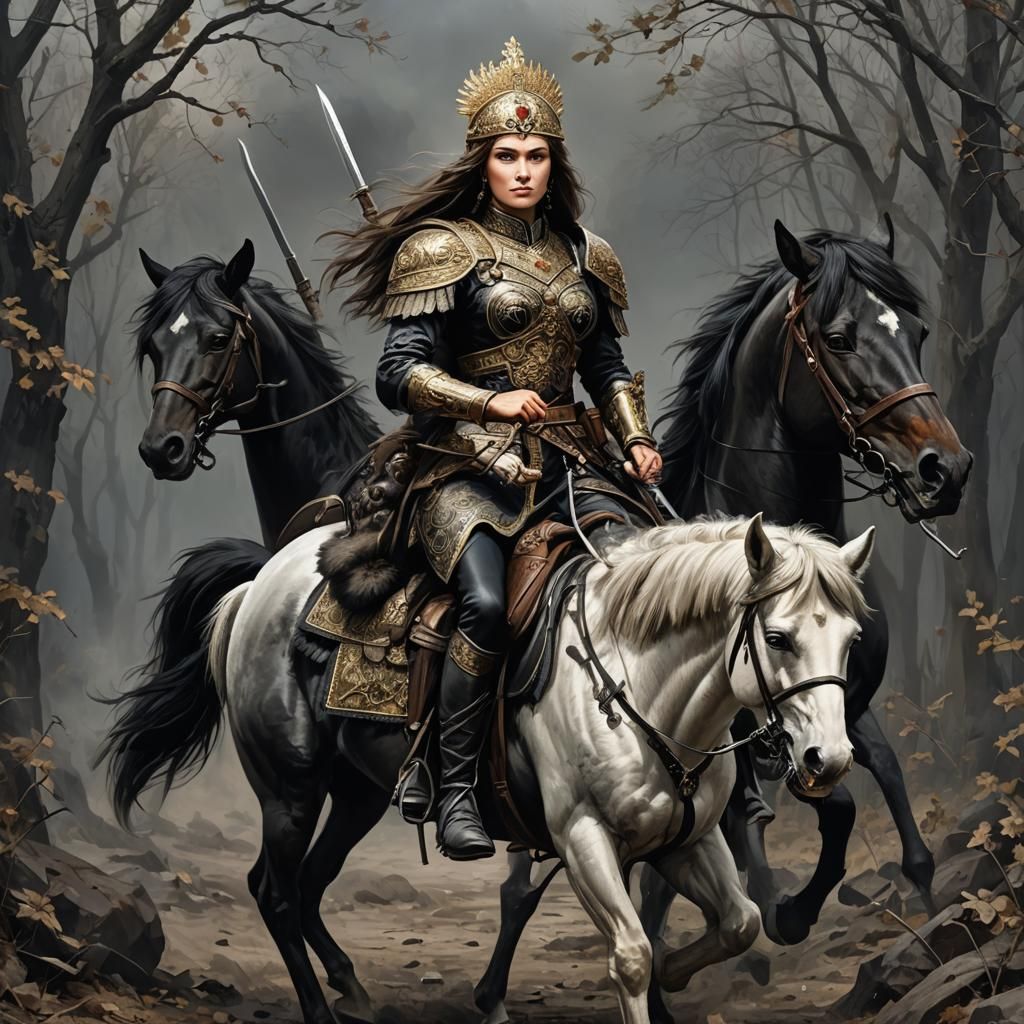 Russian Warrior Woman on Stallion with Wolf