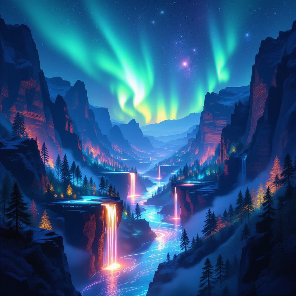 Glowing Crystal Canyon with Auroras and Liquid Light
