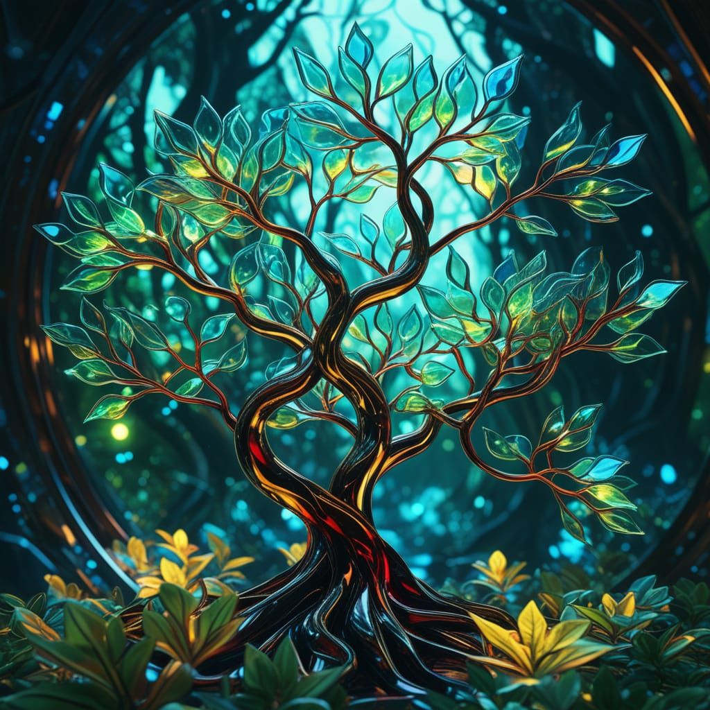 Surreal Glass Bush in a Mystical Forest, Conceptual 3D Art