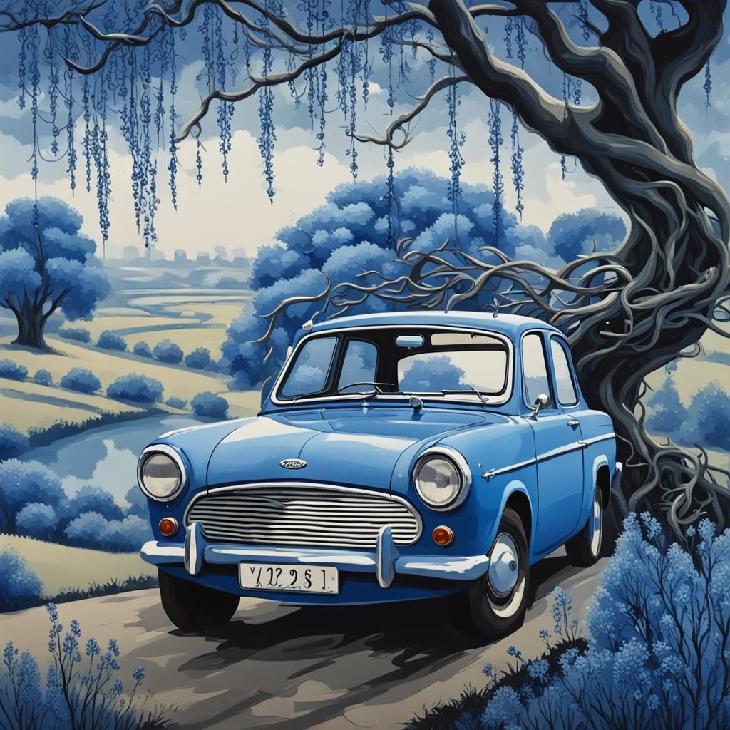Blue Ford Anglia in a Monochrome Willow Landscape