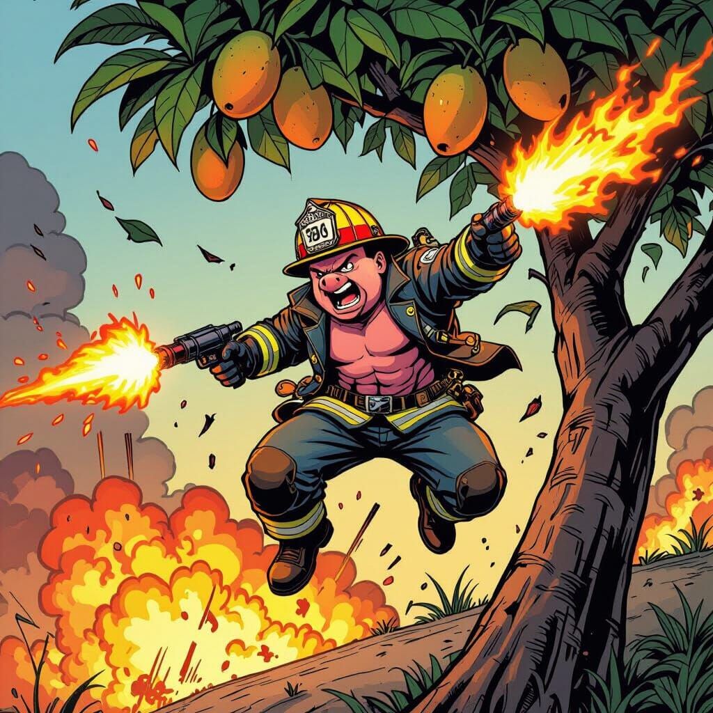 Flamethrower Hero Leaping From Burning Mango Tree