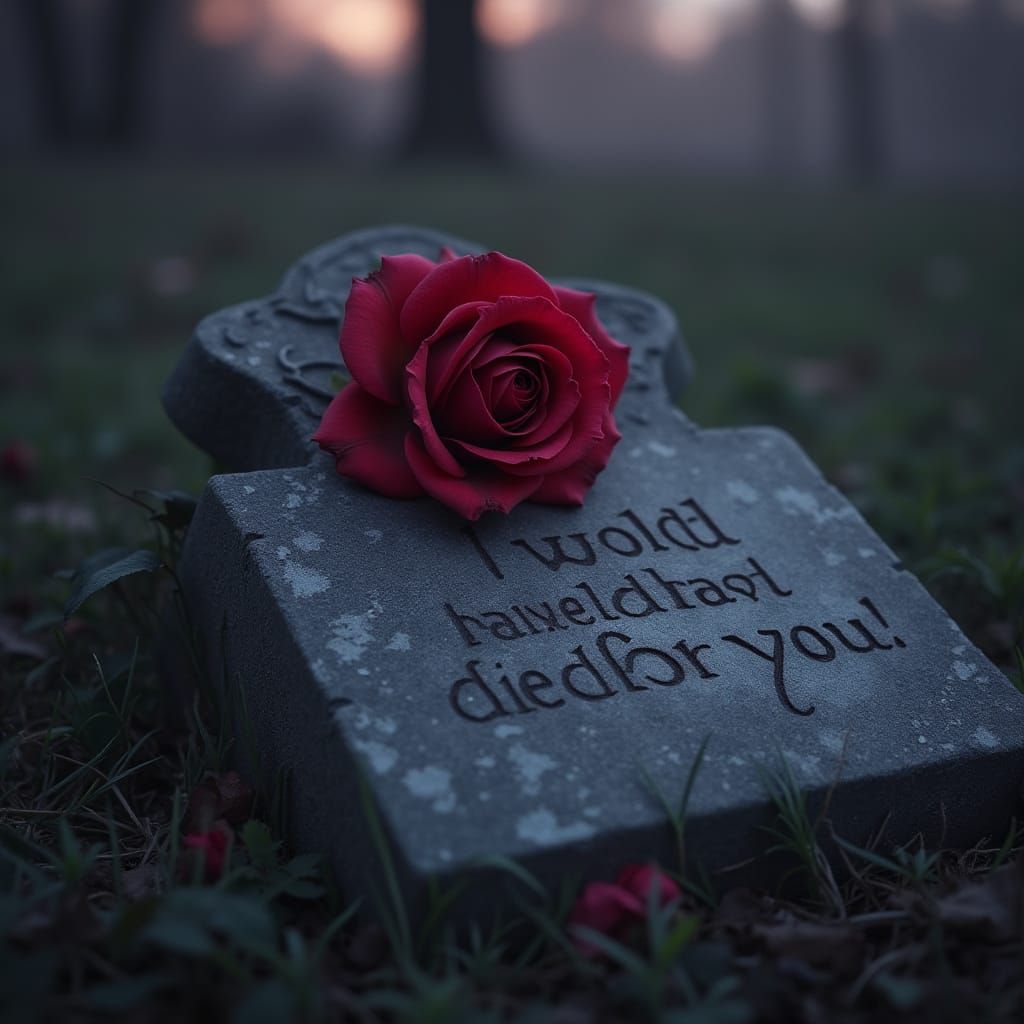 Red Rose on Tombstone at Twilight