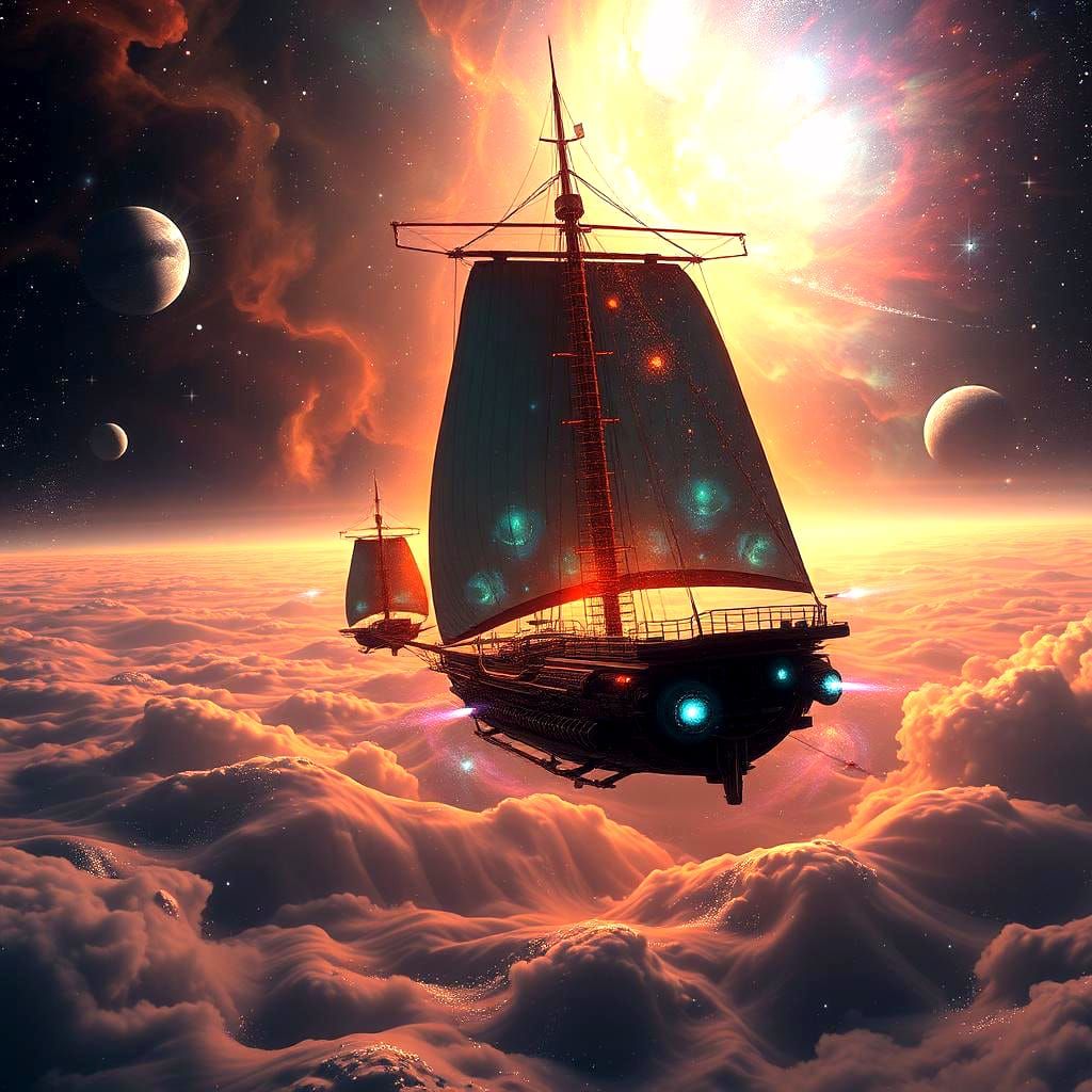 Cosmic Sailboat Gliding Through Nebula Dreamscape